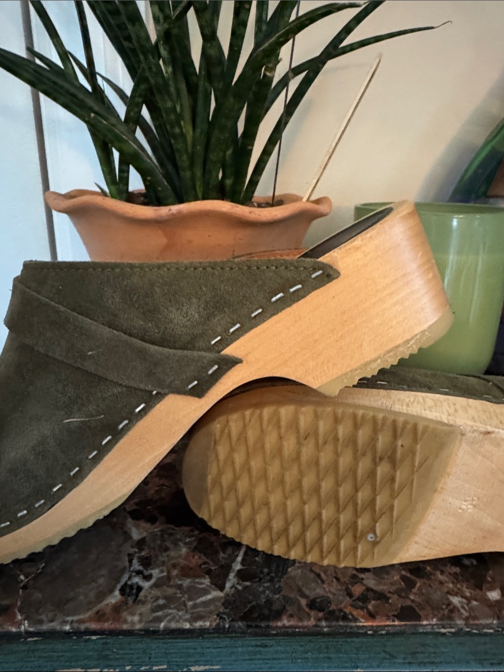 Swedish Hasbeens Olive Green Suede Clogs - Picture 2 of 3